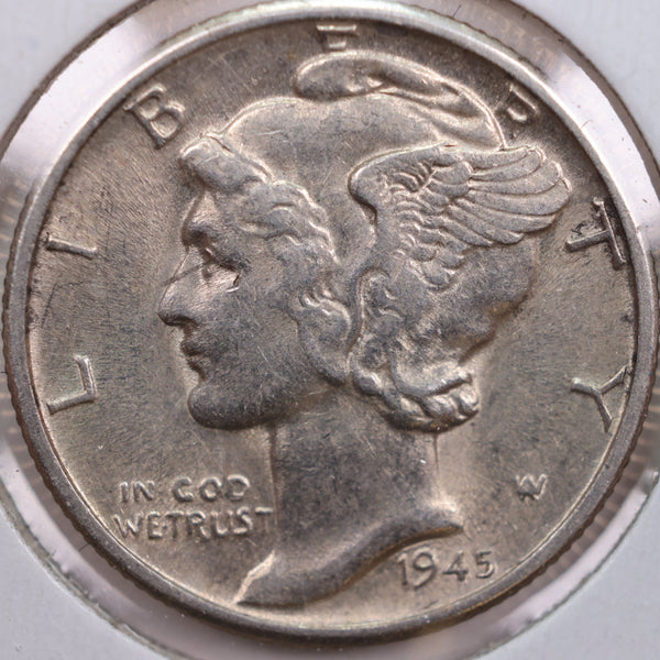 1945-D Mercury Silver Dime, Abt Uncirculated Coin, Store #DE0254