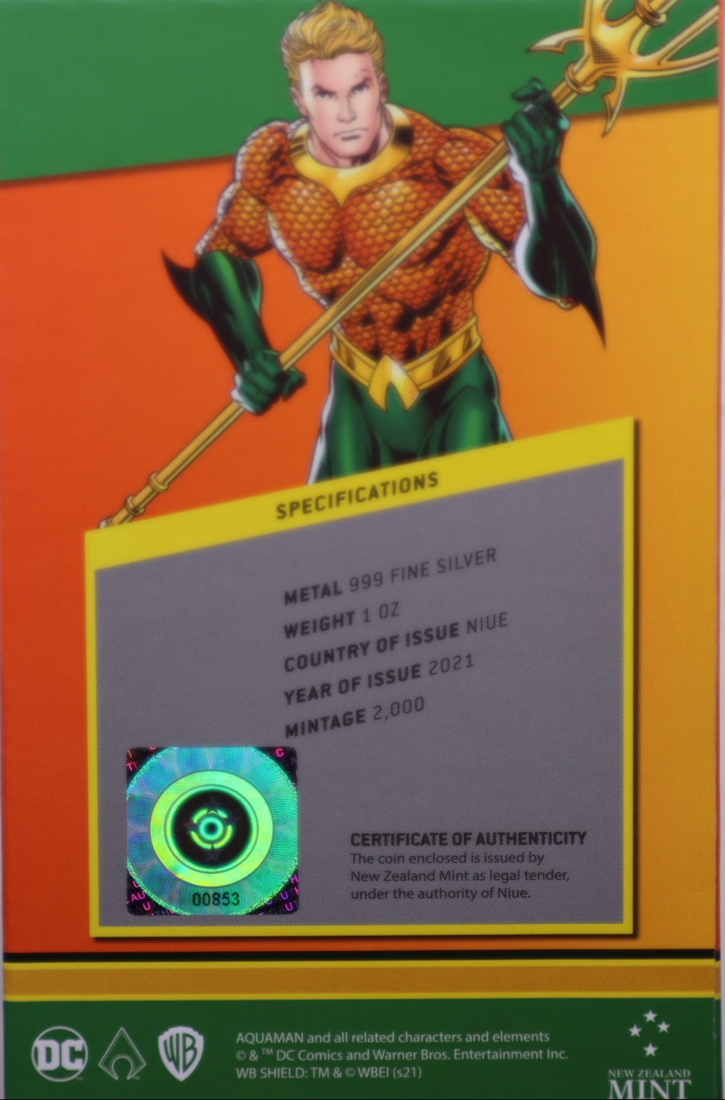 DC 09. AQUAMAN, .999 Silver Coin, 1 Troy Ounce, Store #SR169