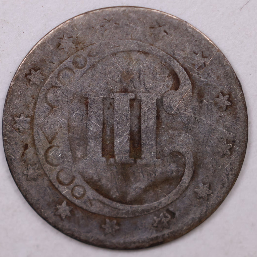 1866 Three Cent Silver, 'Tryme', Very Good Circulated Coin, Store SALE #3CR002