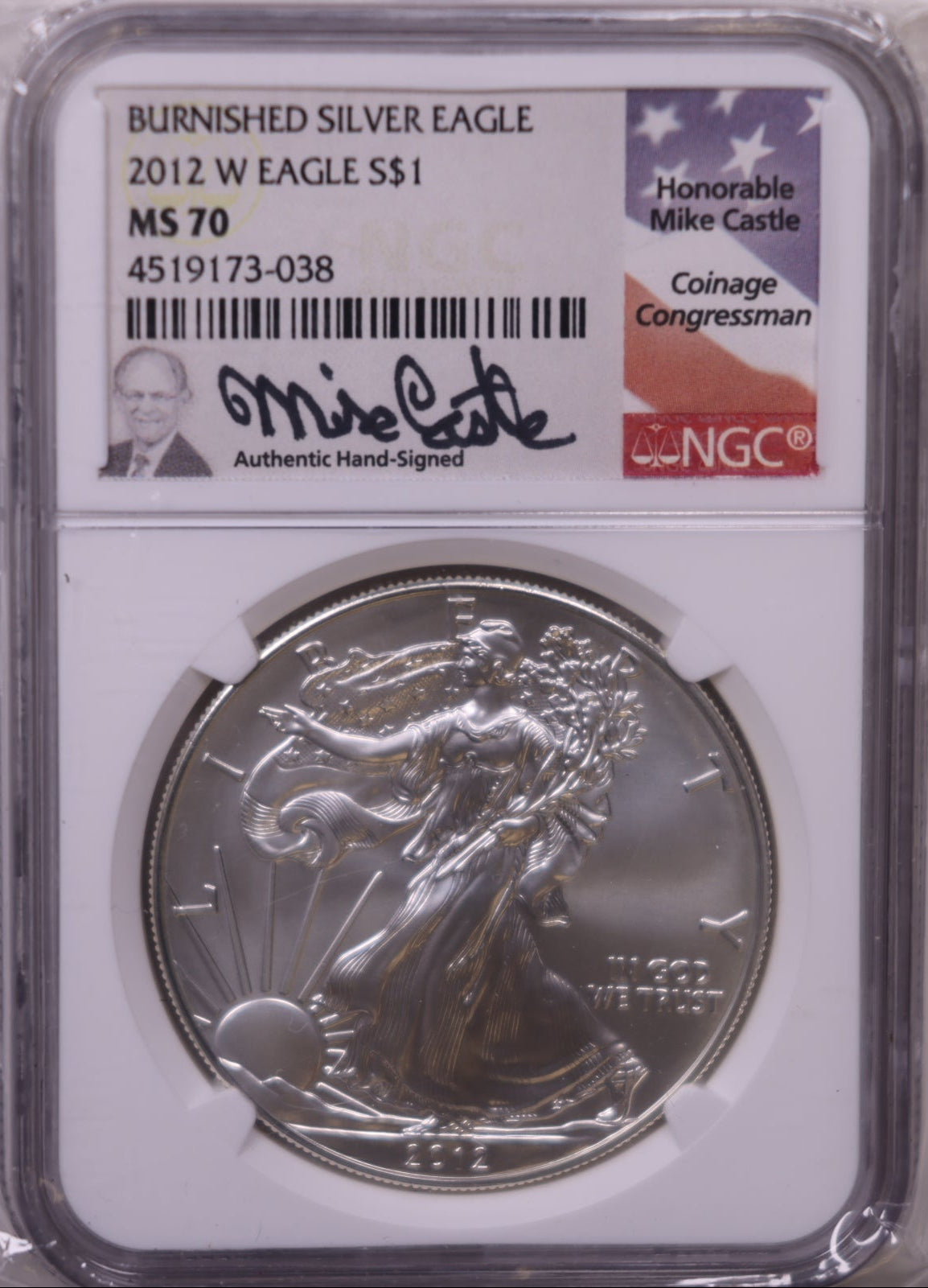 2012-W Burnished American Silver Eagle, NGC MS-70, Store#AE0326