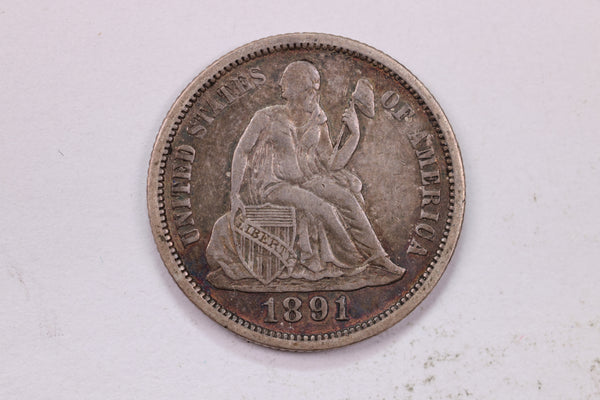 1891 10 Cent., Seated Liberty Silver Dime., Extra Fine Circulated Coin., Store #1730