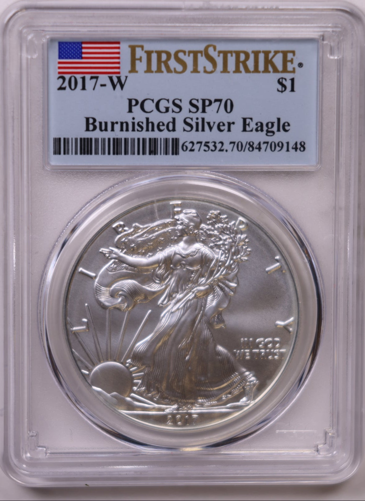2017-W Burnished American Silver Eagle, First Strike, PCGS SP-70, Store#AE0334