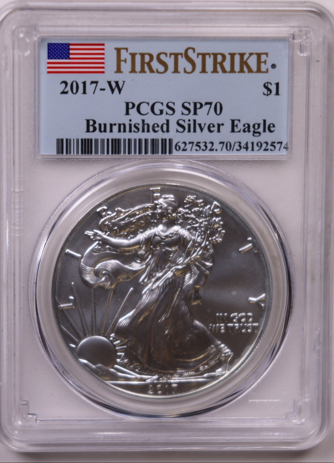 2017-W Burnished American Silver Eagle, First Strike, PCGS SP-70, Store#AE0336