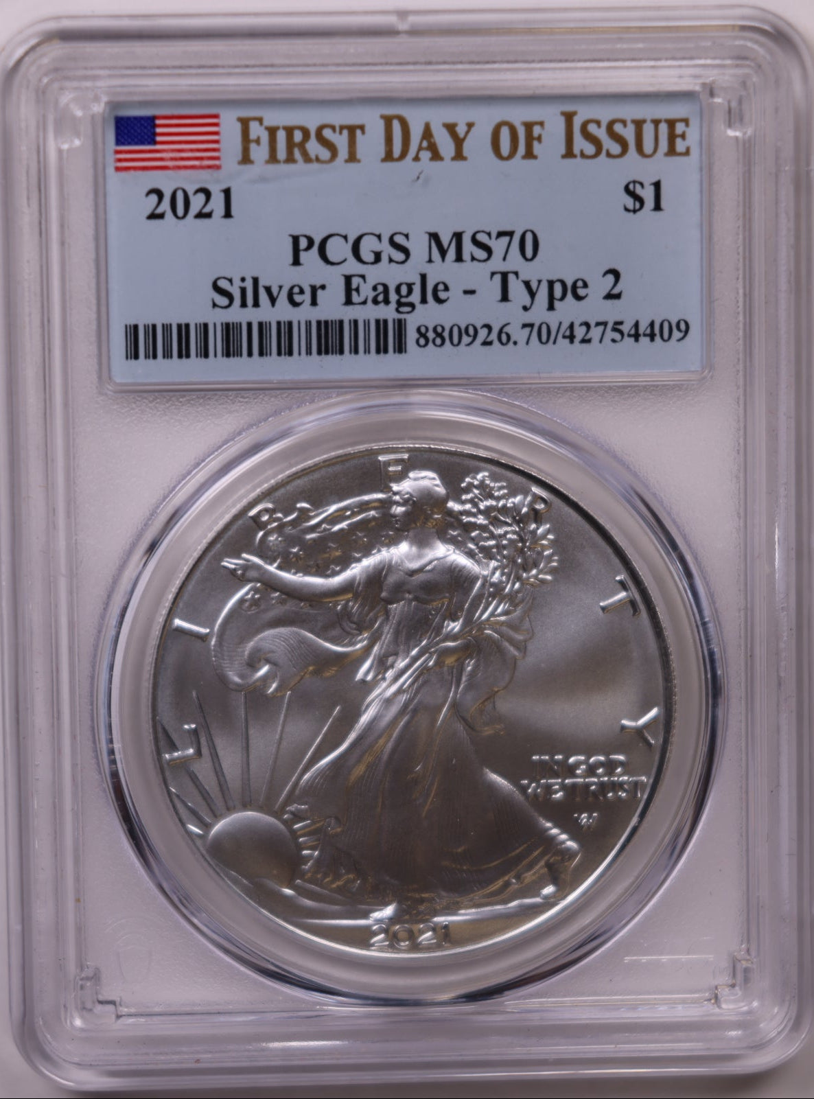 2021 American Silver Eagle Type 2, First Day of Issue, PCGS MS-70, Store#AE0352