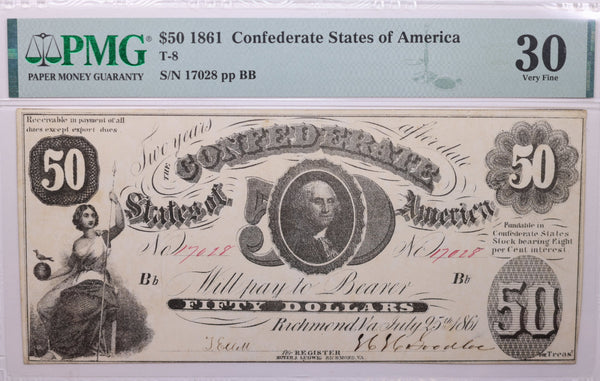 1861 $50, Confederate, States., Obsolete Currency., PMG VF30., Store #GOBS0001