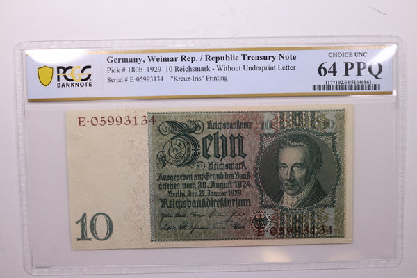 1929 10 Reichsmark, Pick# 180b., PCGS CU-64 PPQ., Store #GWC009