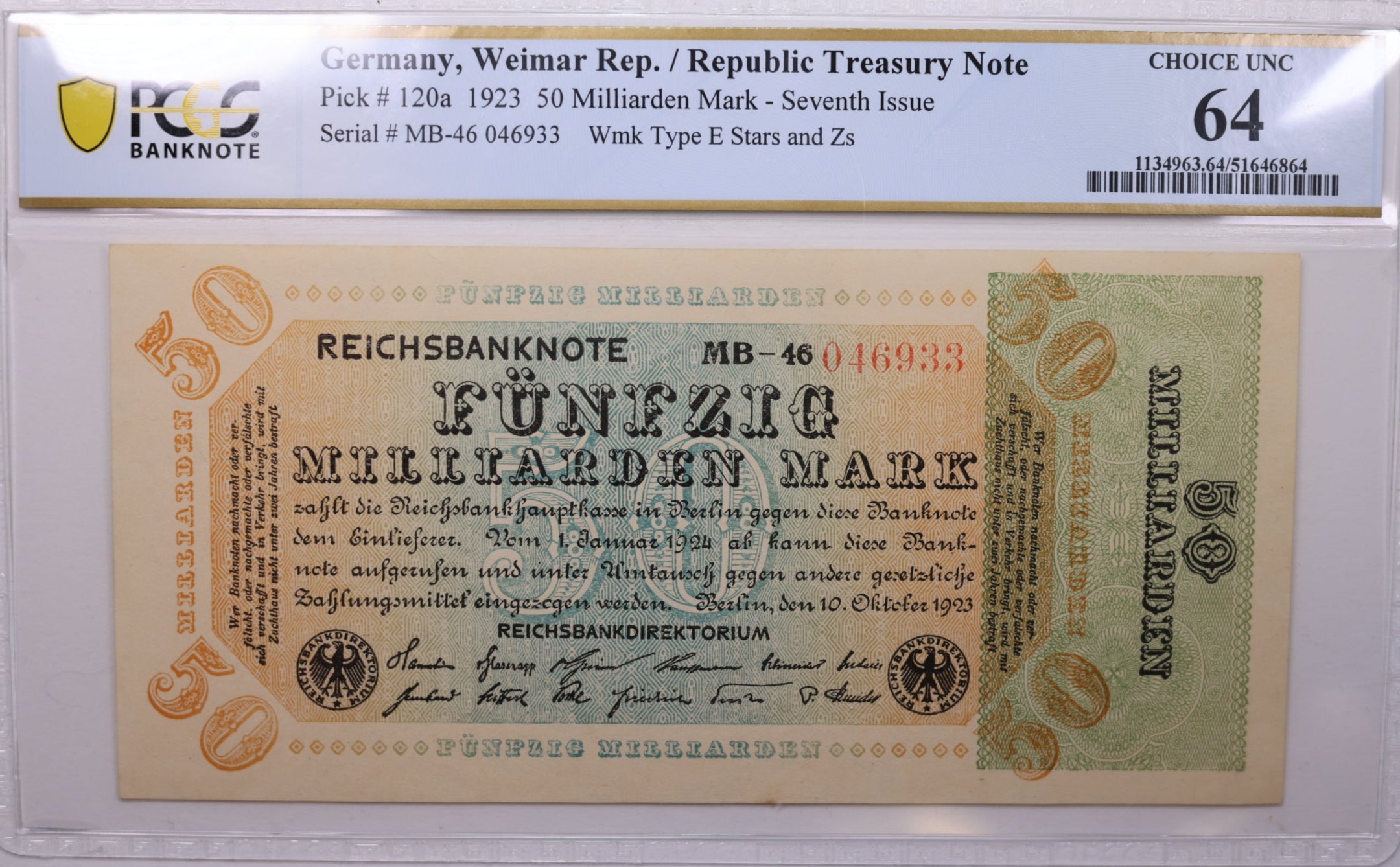 1923 Germany, 50 Milliarden Mark., Pick# 120a., PCGS CU-64., Store #GWC010