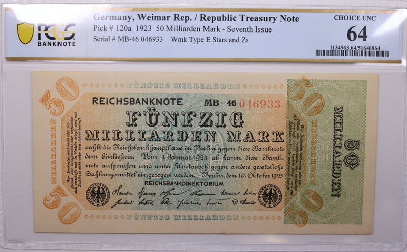1923 Germany, 50 Milliarden Mark., Pick# 120a., PCGS CU-64., Store #GWC010