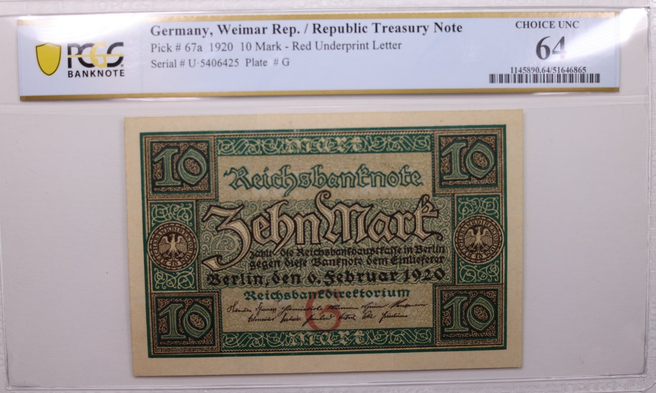 1920 Germany, 10 Mark., Pick #67a., PCGS CU-64., Store #GWC011