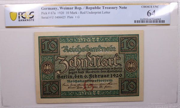 1920 Germany, 10 Mark., Pick #67a., PCGS CU-64., Store #GWC011