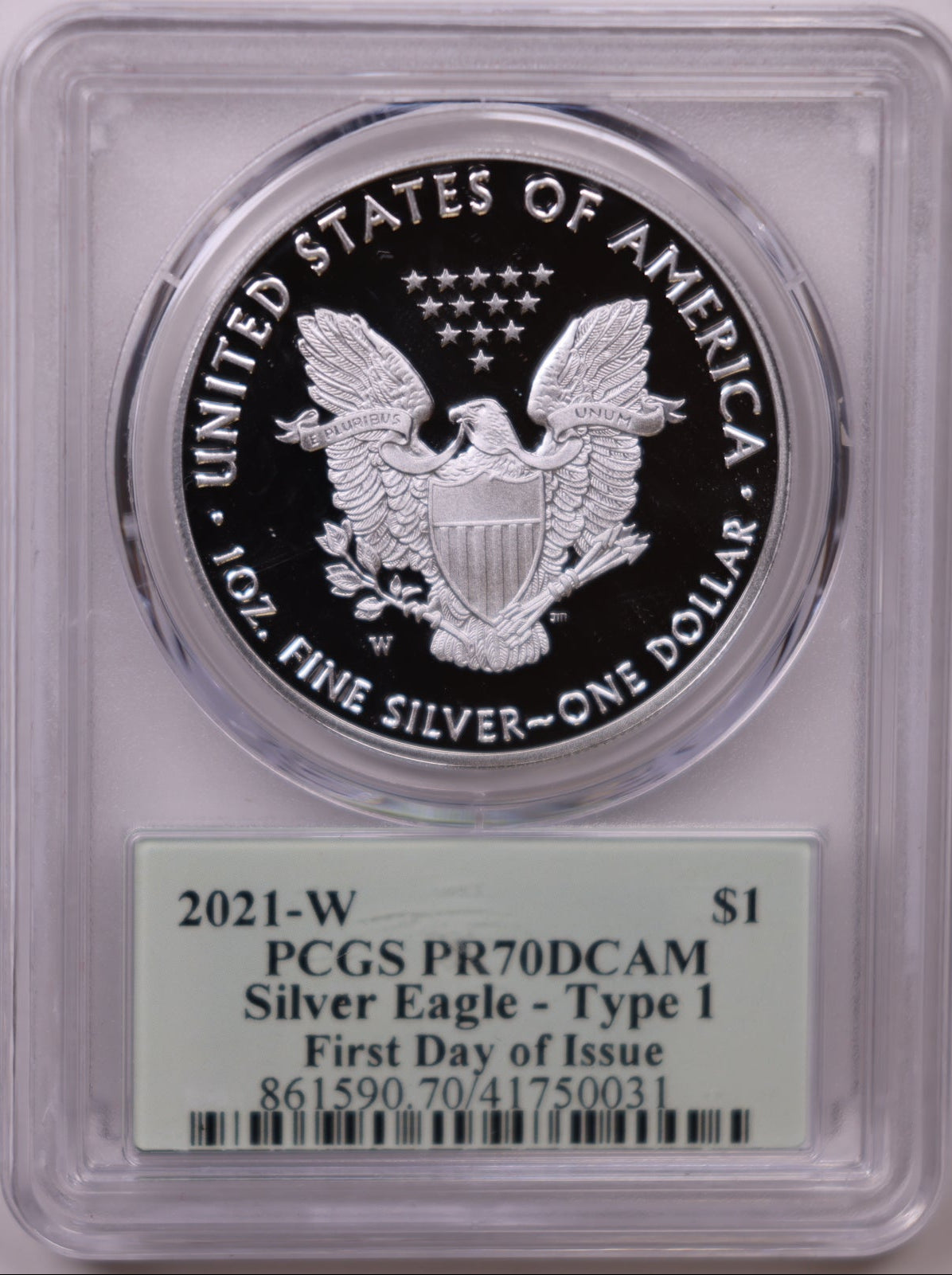 2021-W American Silver Eagle Type 1, First Day of Issue, PCGS PR-70DCAM, Store#AE0356