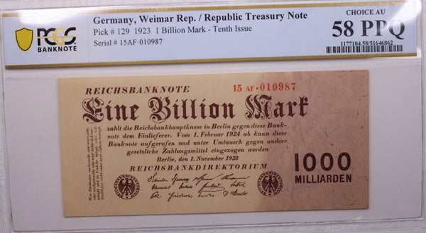 1923 1 Billion Mark., Germany, Weimar Rep., PCGS AU-58 PPQ., Store #GWC012