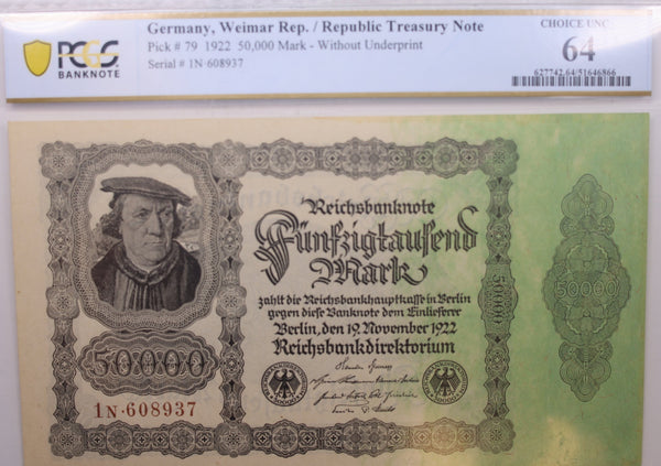 1922 50,000 Mark., German, Weimar Rep., PCGS CU-64., Store #GWC015