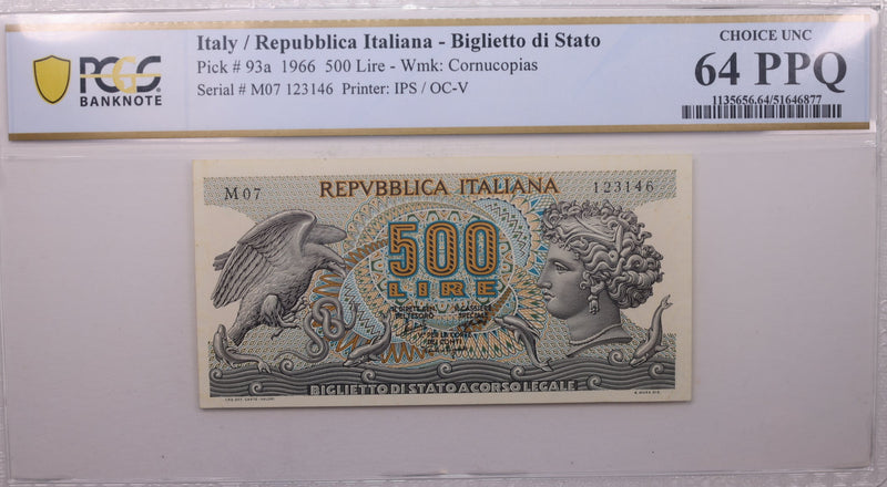 1966 500 Lire., Repubblica Italy., PCGS CU-64 PPQ., Store