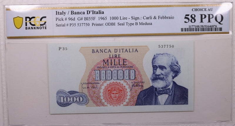 1965 1,000 Lire, Bank of Italy., PCGS AU-58 PPQ., Store