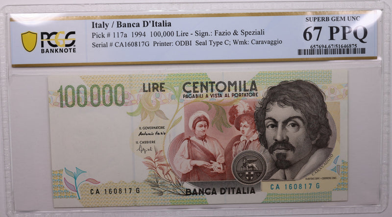 1994 100,000 Lire, Bank of Italy., PCGS CU-67 PPQ., Store