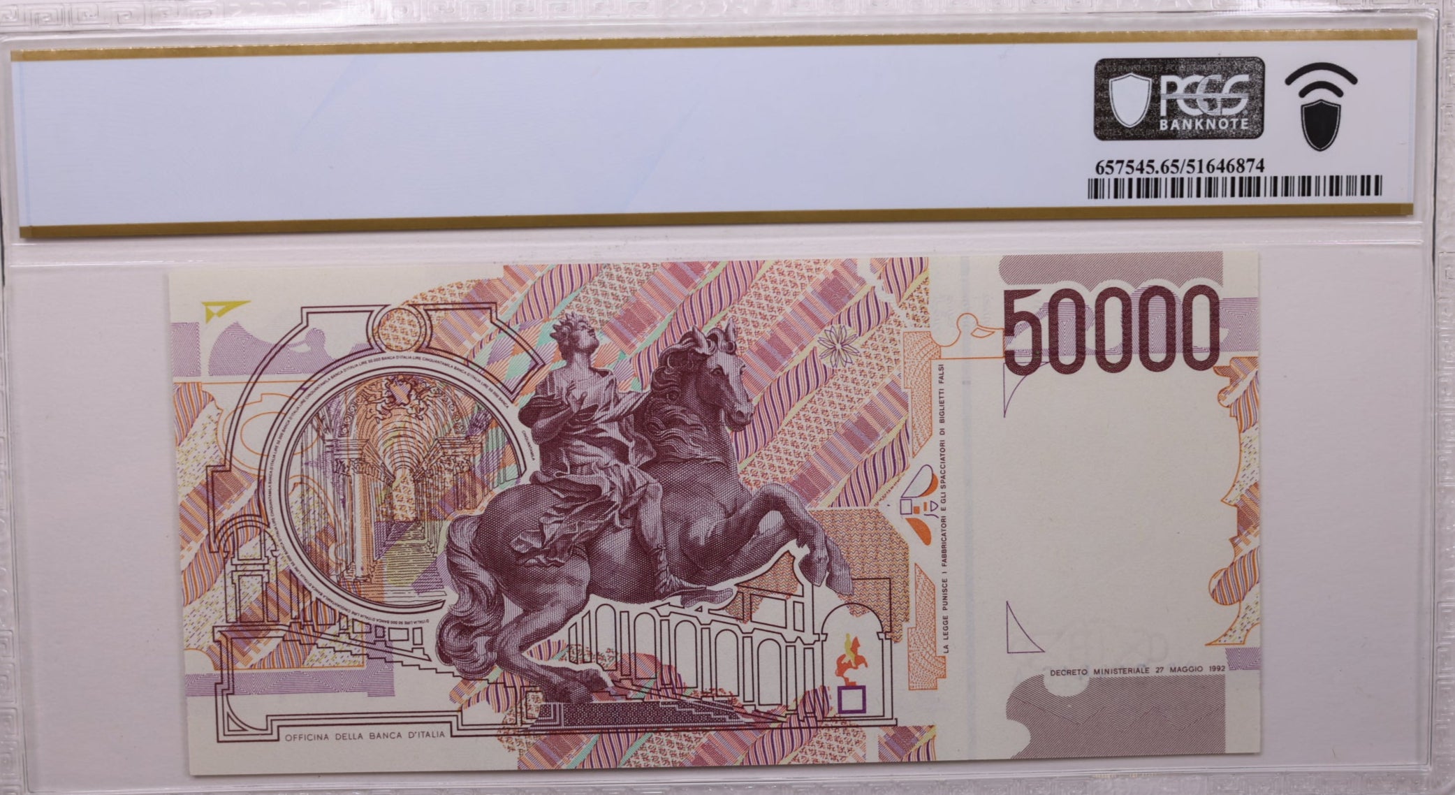 1992 50,000 Lire, Bank of Italy., PCGS CU-65 PPQ., Store #GWC019