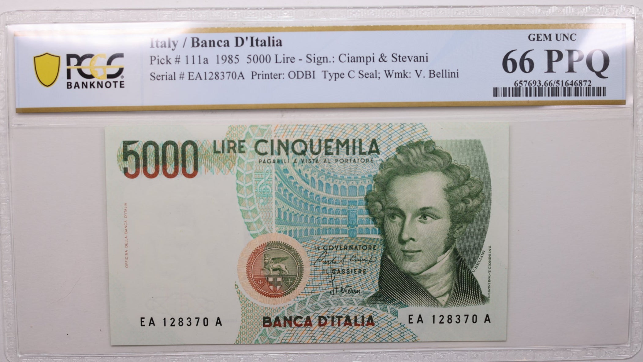 1985 5,000 Lire, Bank of Italy., PCGS CU-66 PPQ., Store #GWC021