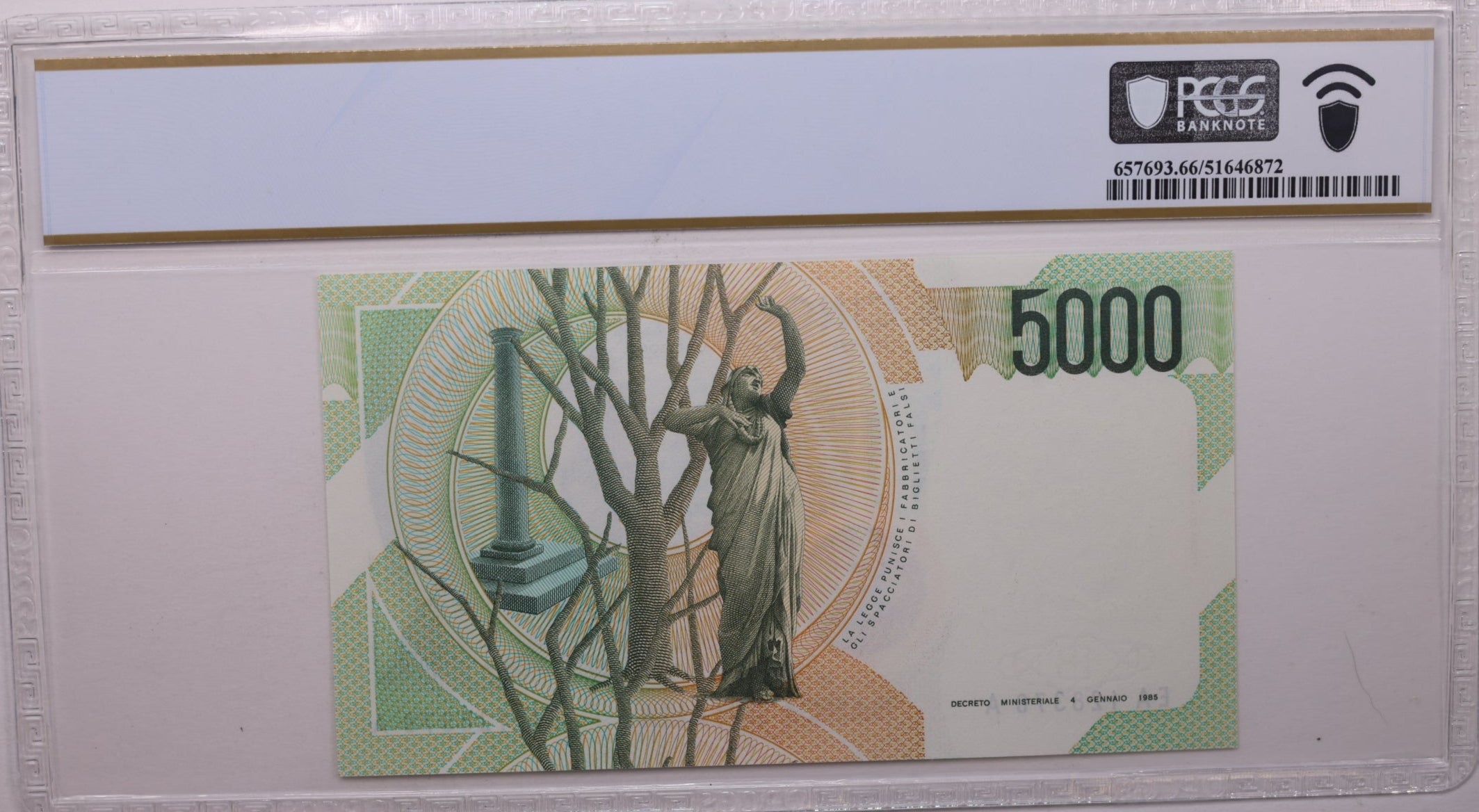 1985 5,000 Lire, Bank of Italy., PCGS CU-66 PPQ., Store #GWC021