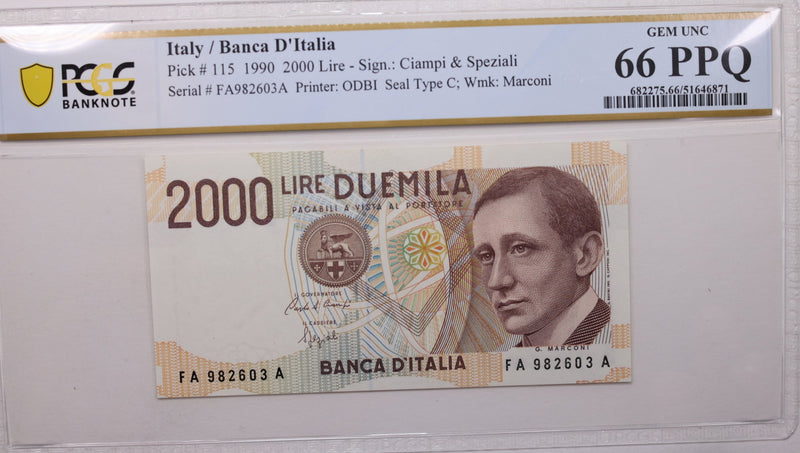 1990 2,000 Lire, Bank of Italy., PCGS CU-66 PPQ., Store