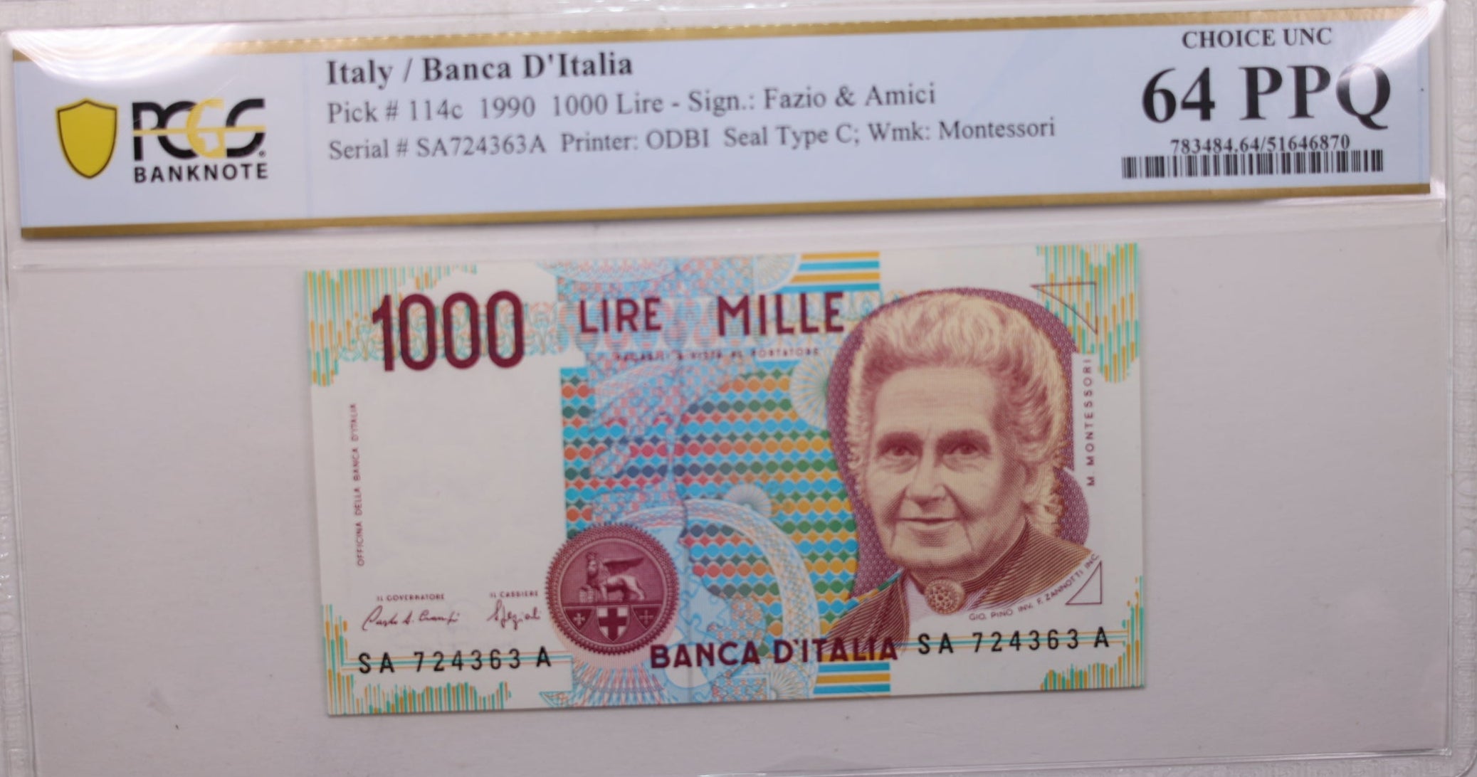 1990 1,000 Lire, Bank of Italy., PCGS CU-64 PPQ., Store #GWC023