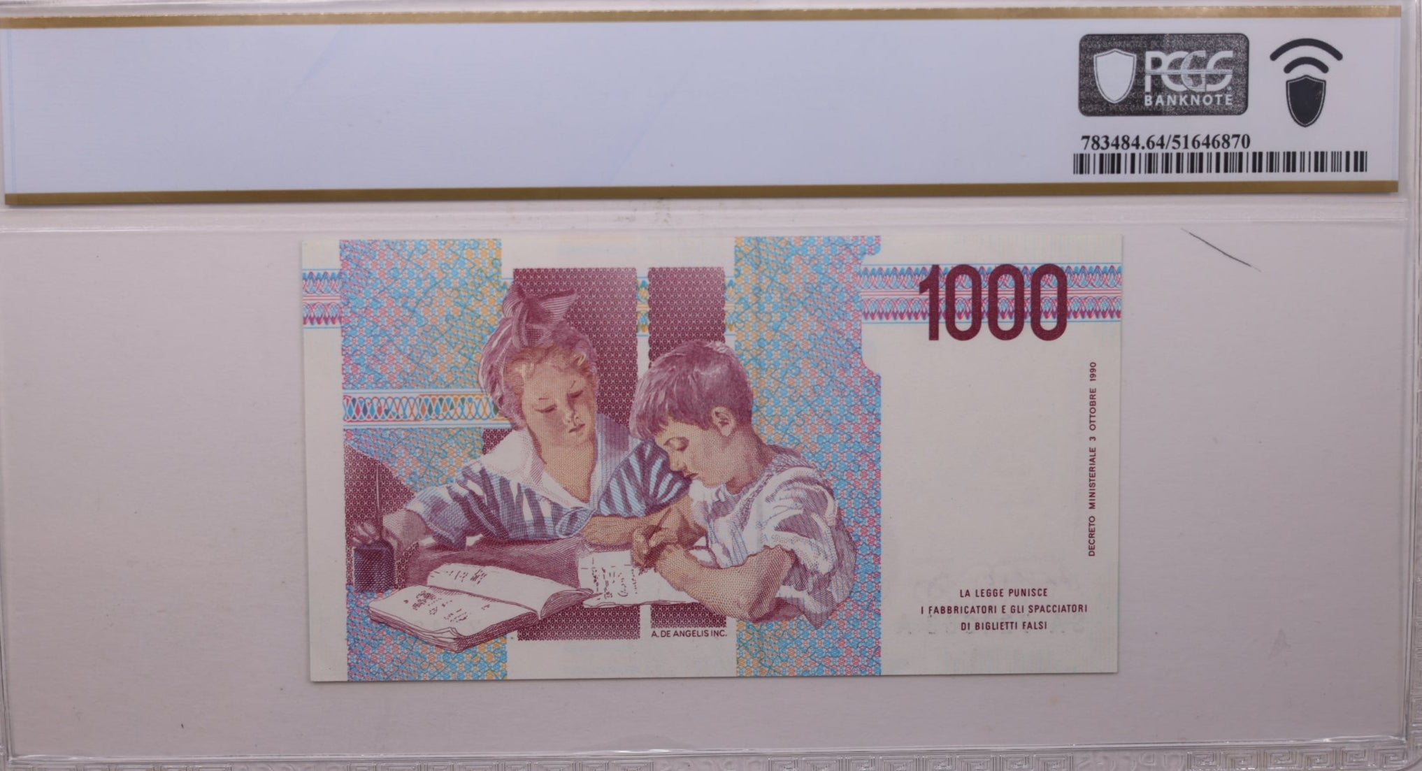 1990 1,000 Lire, Bank of Italy., PCGS CU-64 PPQ., Store #GWC023