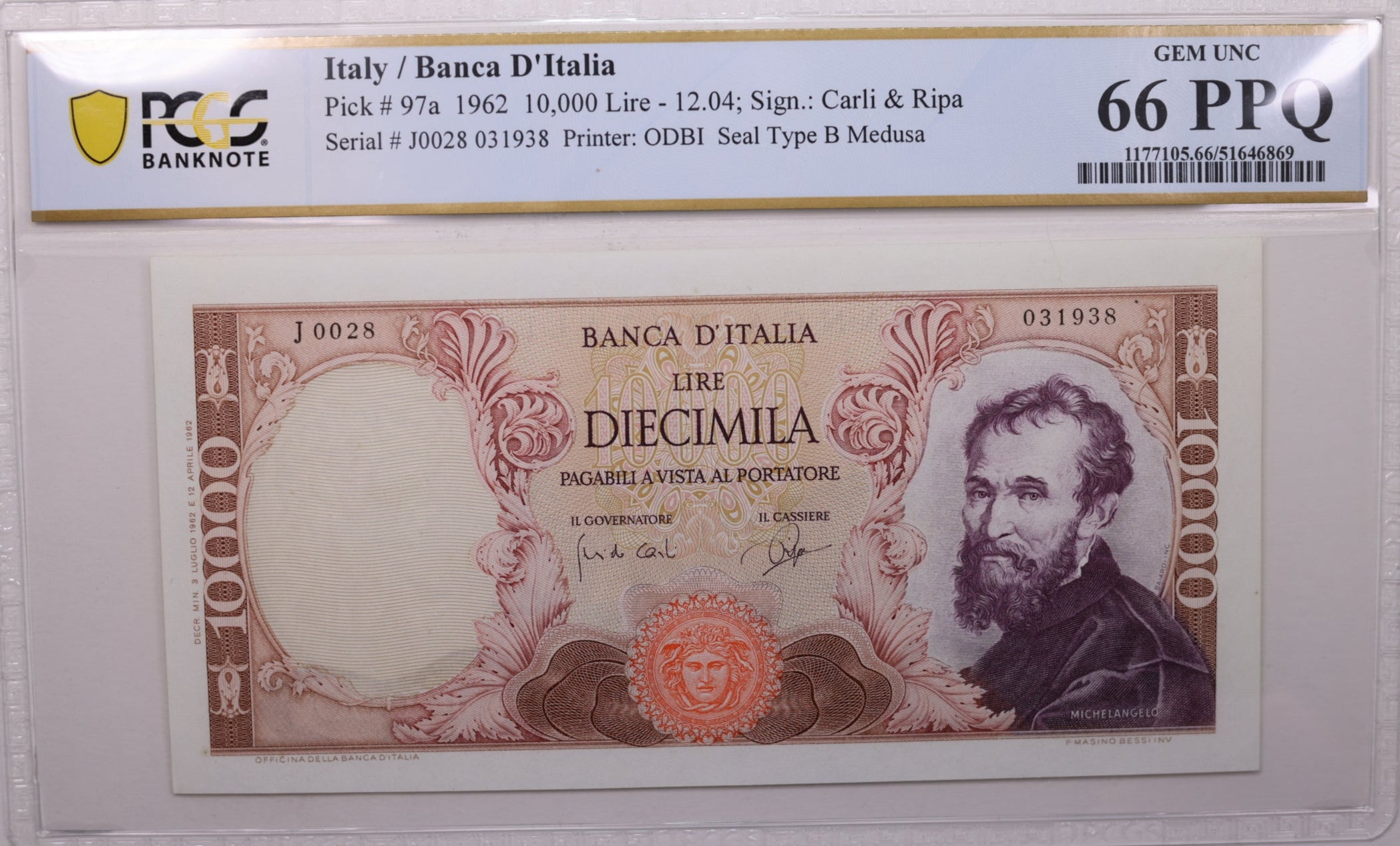 1962 10,000 Lire, Bank of Italy., PCGS CU-66 PPQ., Store #GWC026