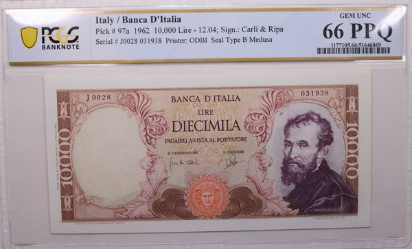 1962 10,000 Lire, Bank of Italy., PCGS CU-66 PPQ., Store #GWC026