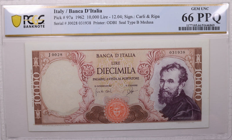 1962 10,000 Lire, Bank of Italy., PCGS CU-66 PPQ., Store