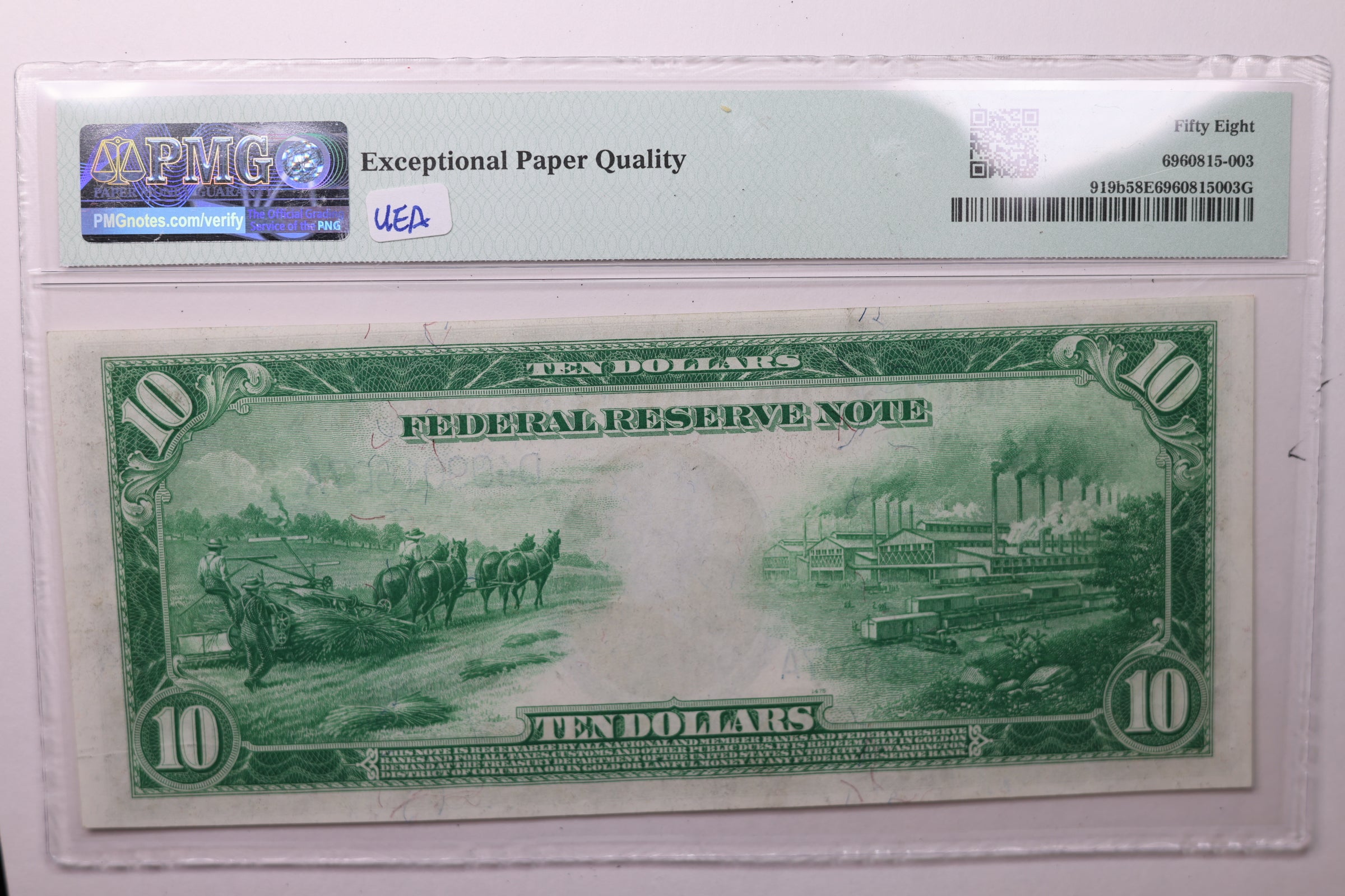 1914 $10 Federal Reserve Note. PMG Graded AU58, EPQ. Store Sale #GFRB009
