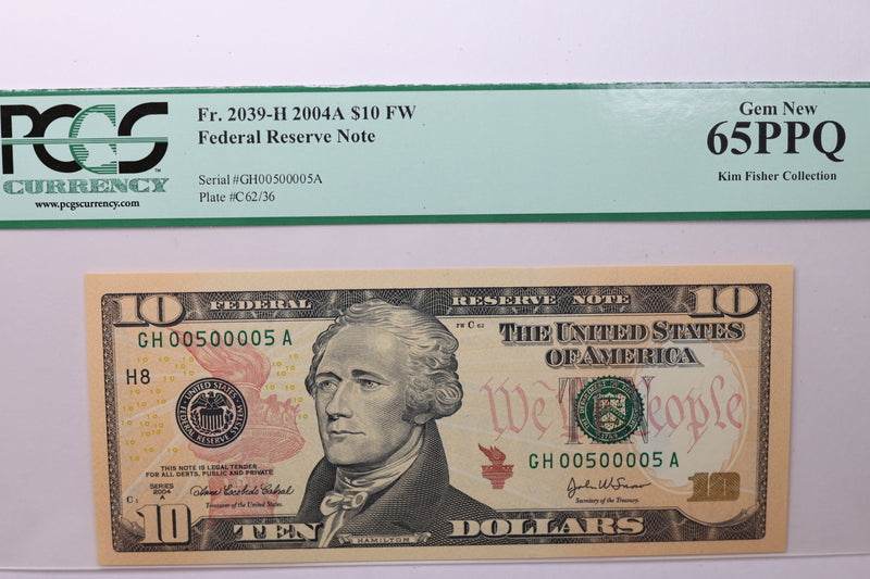 2004A $10 Federal Reserve Note. PCGS Graded CU-65 PPQ. Great Serial Number. Store Sale
