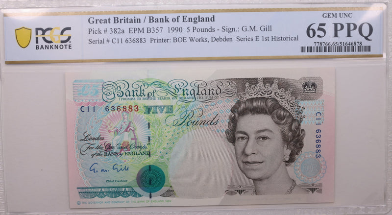 1990 5 Pounds, Great Britain., PCGS CU-65 PPQ., Store