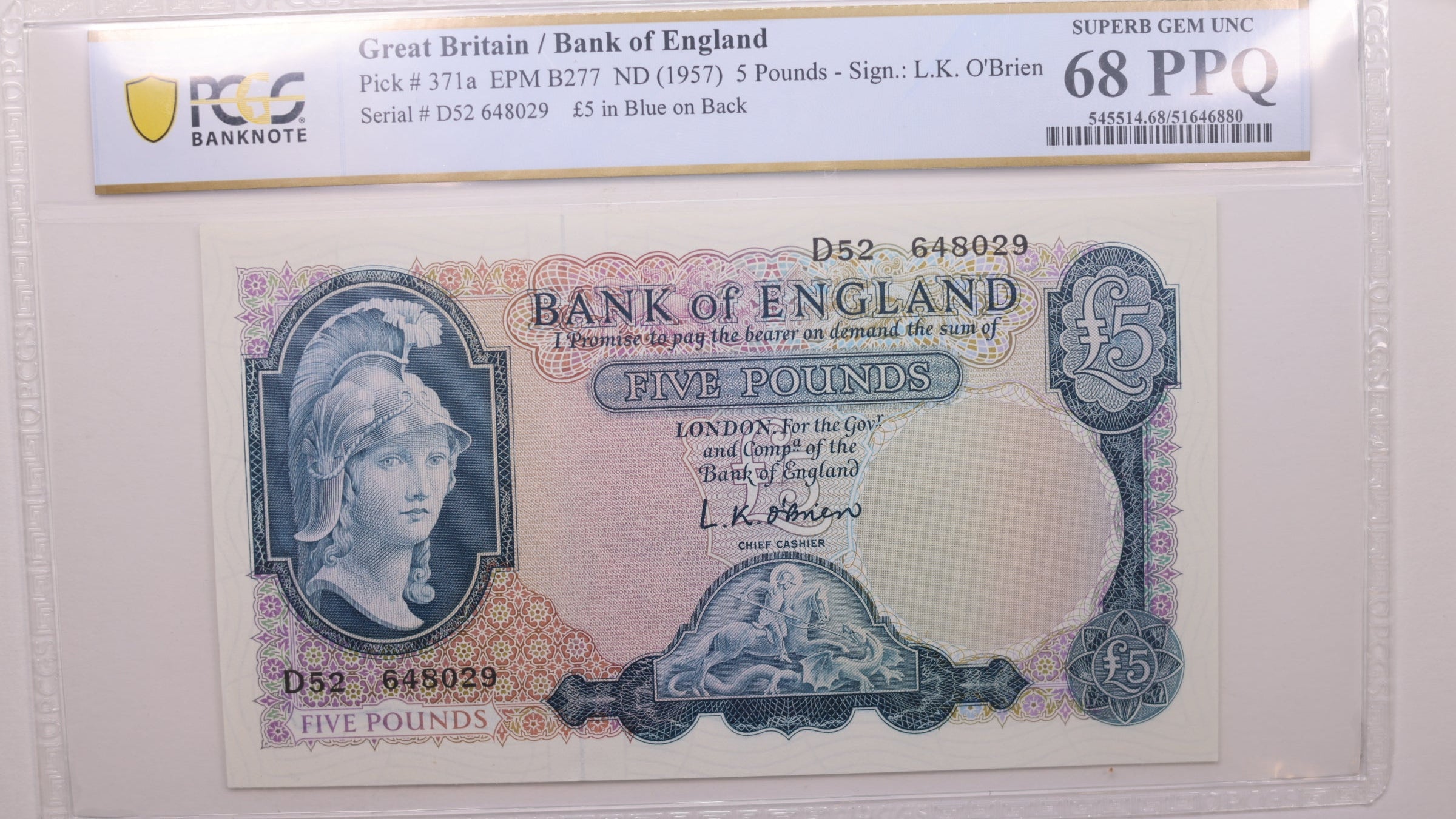 (1957) 5 Pounds, Great Britain., PCGS CU-68 PPQ., Store #GWC047