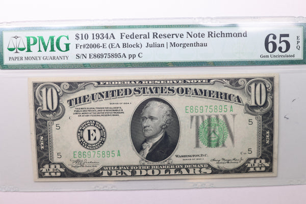 1934A $10 Federal Reserve Note, PMG 65, EPQ.,  Store Sale #035030