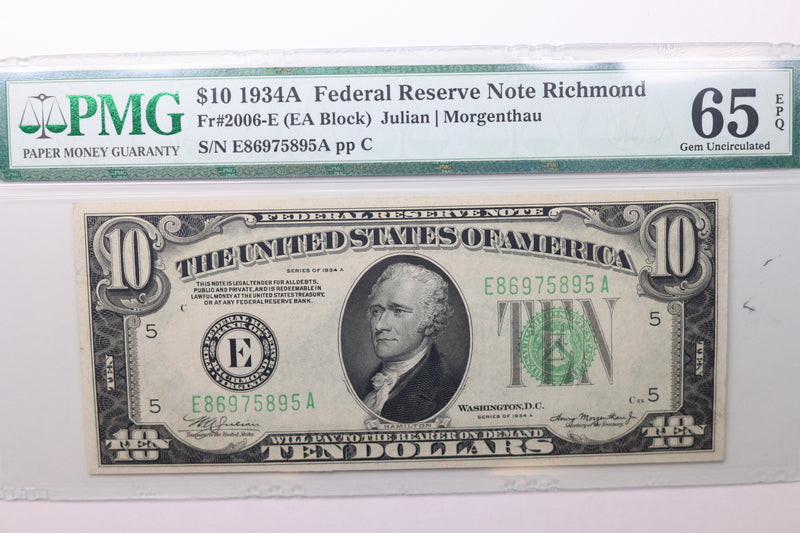 1934A $10 Federal Reserve Note, PMG 65, EPQ.,  Store Sale