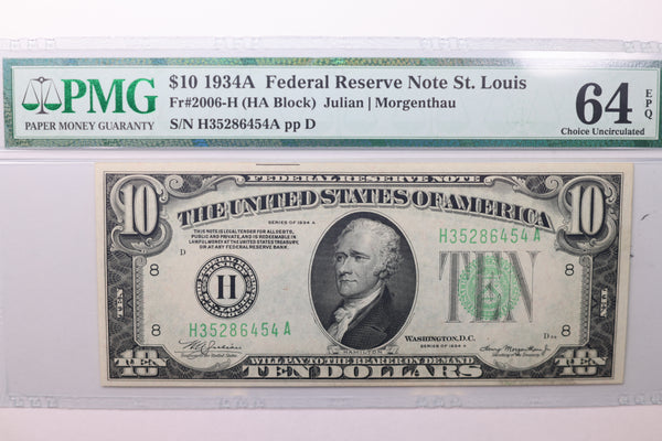1934A $10 Federal Reserve Note, PMG Graded, CU-64., Store Sale #035032