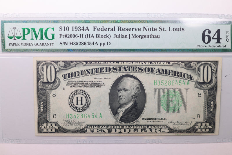 1934A $10 Federal Reserve Note, PMG Graded, CU-64., Store Sale