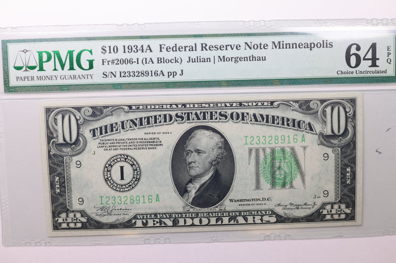 1934A $10 Federal Reserve Note, PMG Graded, CU-64., Store Sale