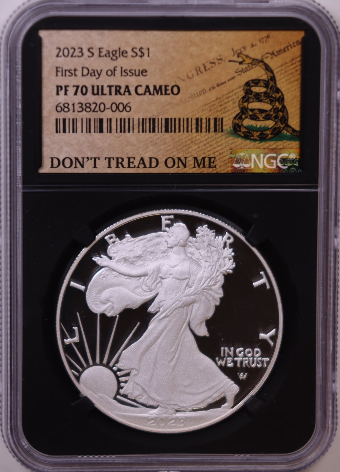 2023-S American Silver Eagle, First Day of Issue, Ultra Cameo, NGC-PF70, Store#AE0382