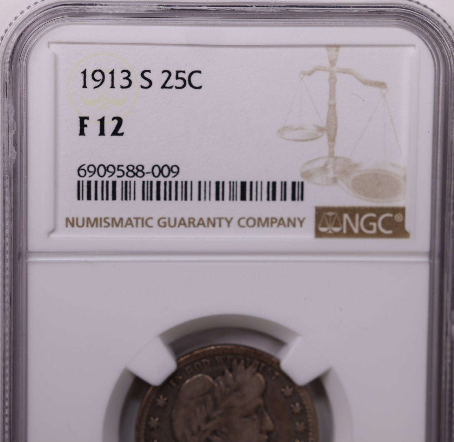 1913-S Barber Silver Quarter., Semi-Key., NGC Fine 12., Store #QR1446.