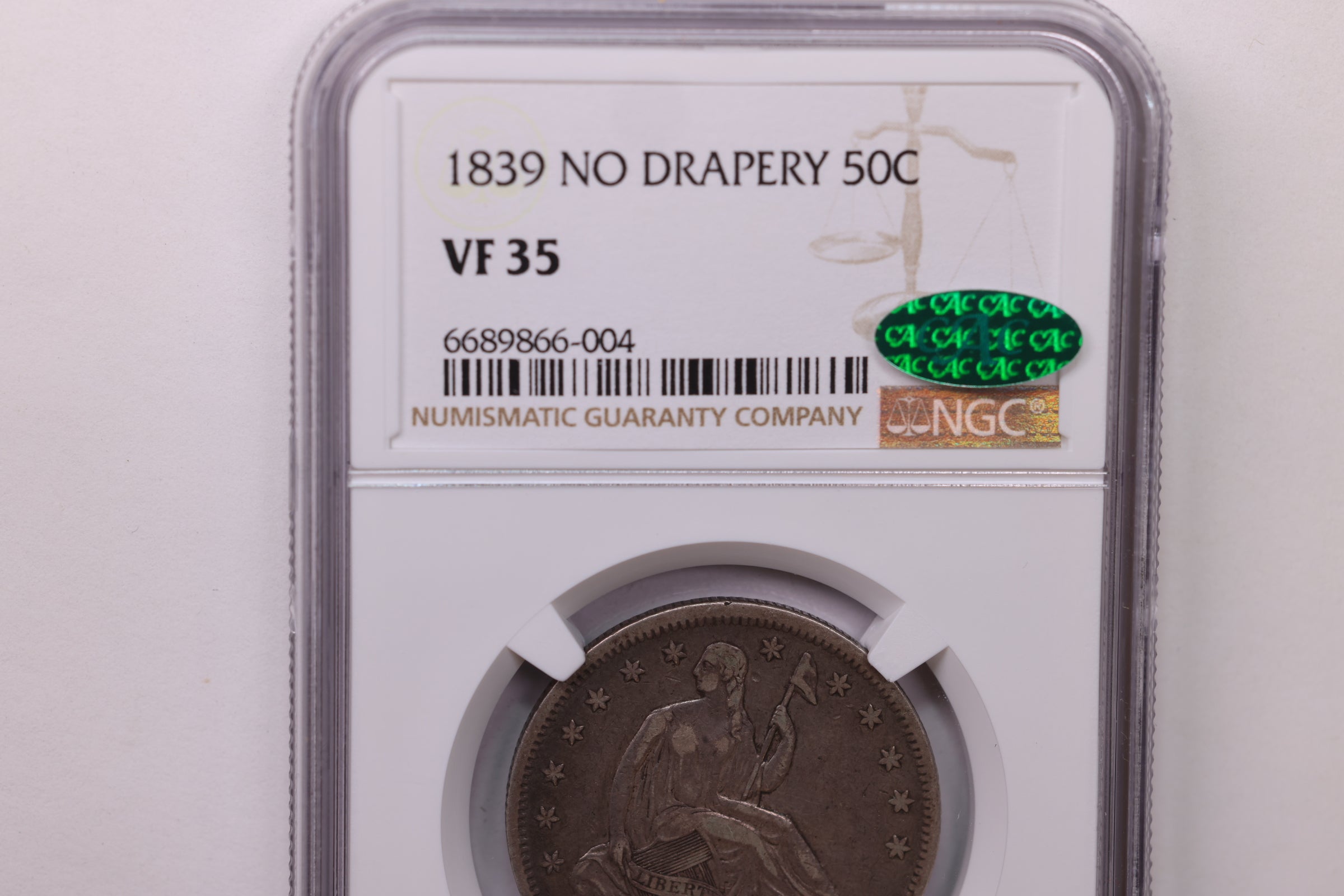 1839 Seated Liberty Half Dollar., NO DRAPERY., NGC VF-35., CAC., Store #1752
