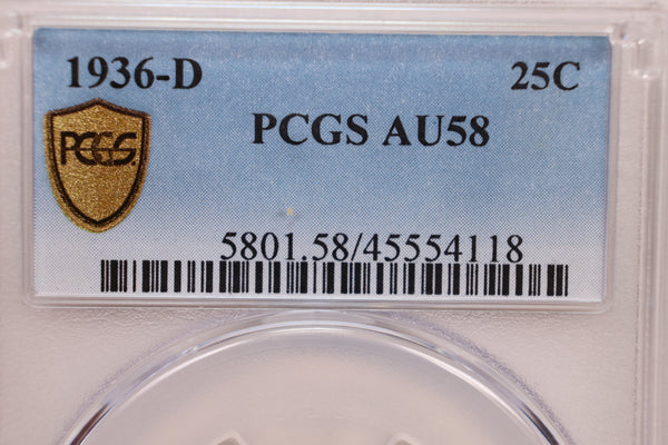 1936-D Washington Silver Quarter., PCGS AU-58., Store #GQR014