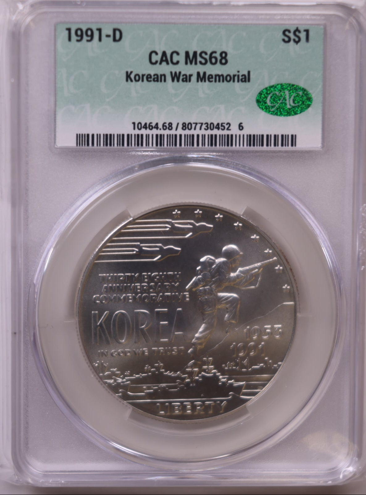 1991-D Korean War Memorial Silver Dollar, CAC MS-68, Store #GMC352