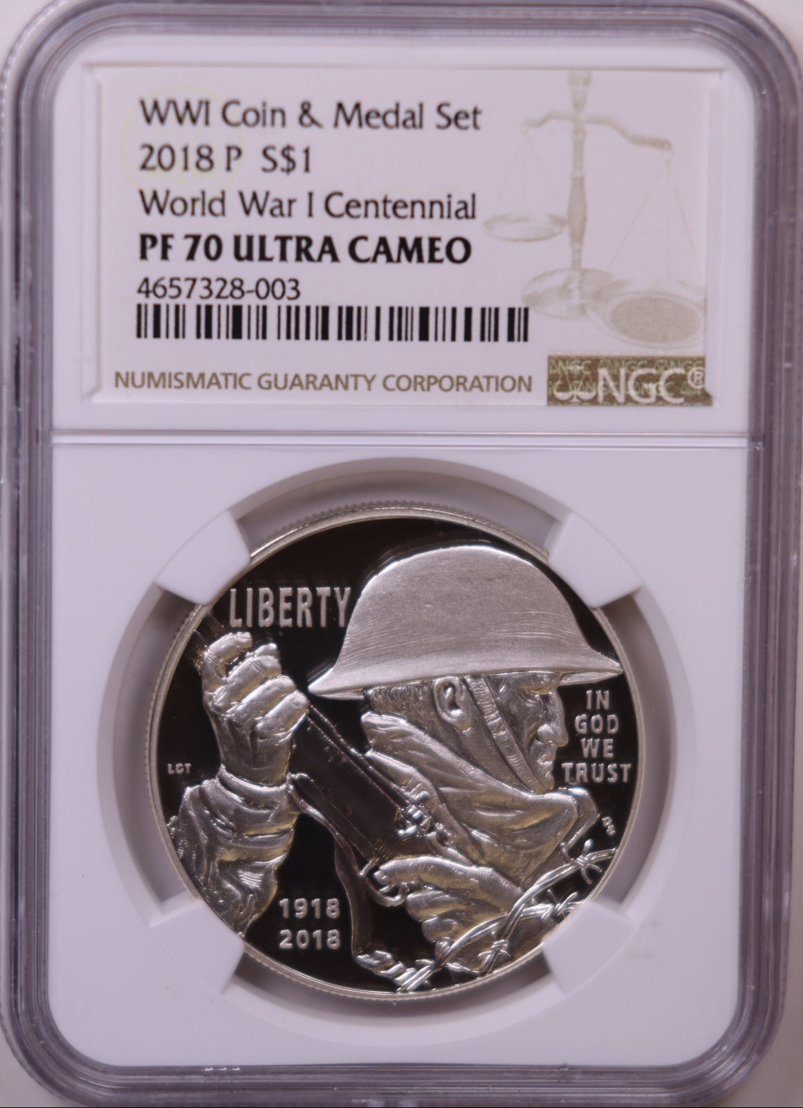2018-P World War I Centennial Silver Dollar, NGC PF-70 Ultra Cameo, Store #GMC359