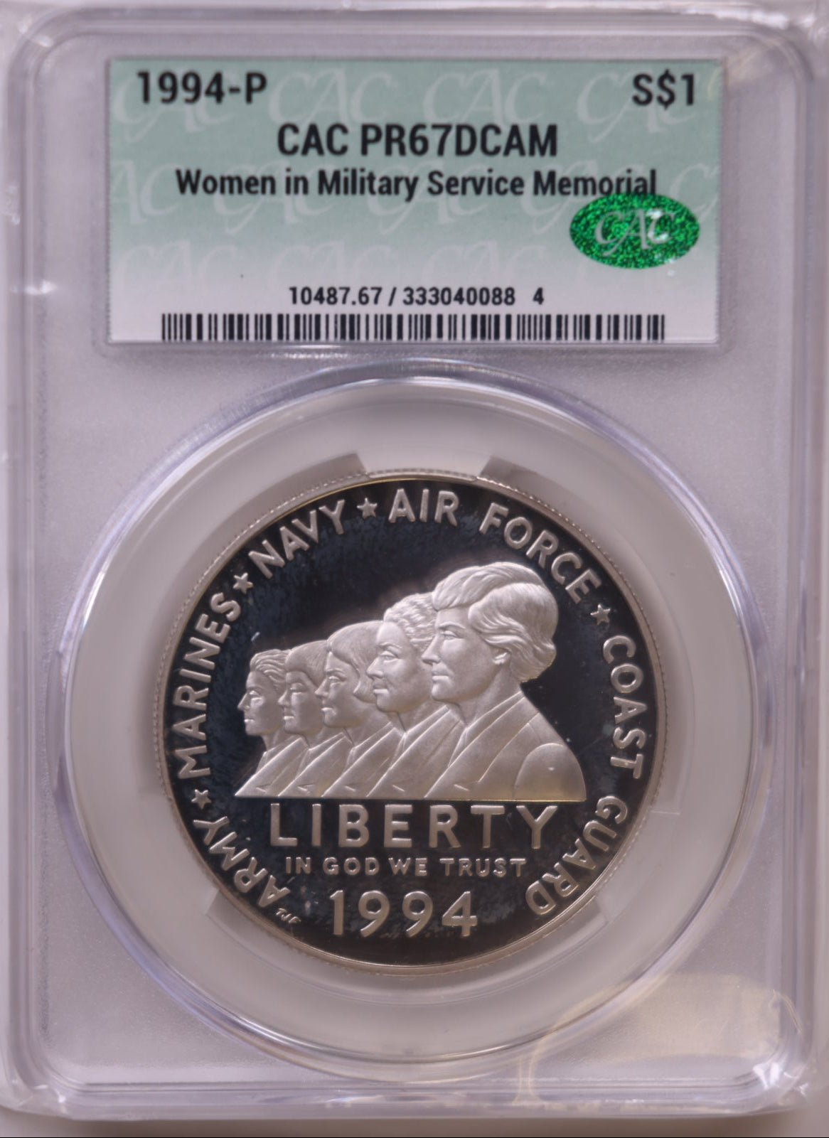 1994-P Women in Military Service Memorial Silver Dollar, CAC PR-67 Cameo, Store #GMC360