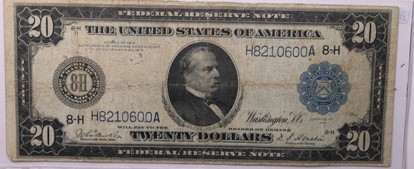 1914 $20 Federal Reserve Note. Circulated Condition.  Store Sale #035088