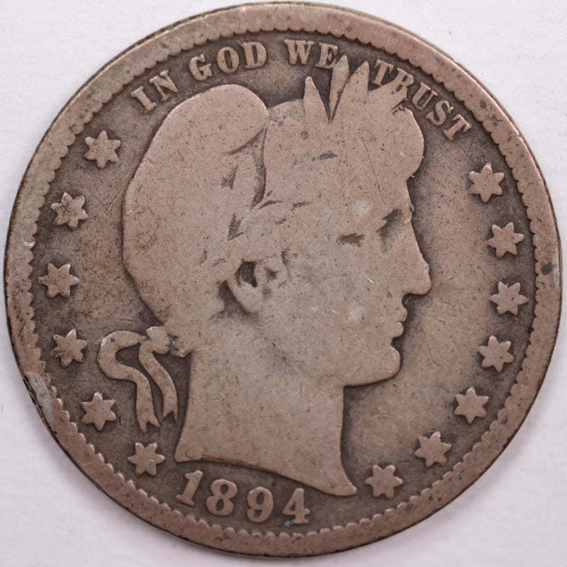 1894 Barber Silver Quarter, Very Good Circulated Coin, Store