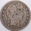 1894-O Barber Silver Quarter, Very Good Circulated Coin, Store