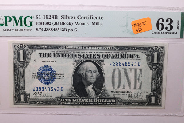1928-B $1 Silver Certificate. PMG Certified CU-63, EPQ., STORE Store #035092