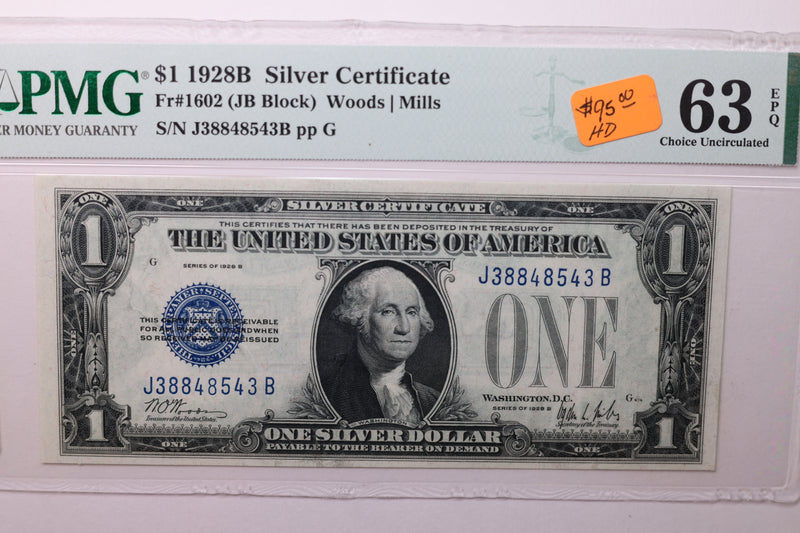 1928-B $1 Silver Certificate. PMG Certified CU-63, EPQ., STORE Store